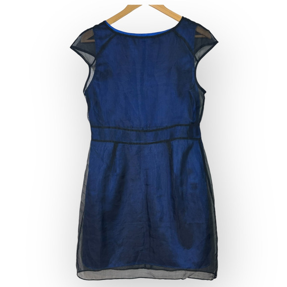Vintage 90s Luce Silk Chiffon Overlay Sheath Dress Size Large Blue Career Goth - Picture 12 of 15